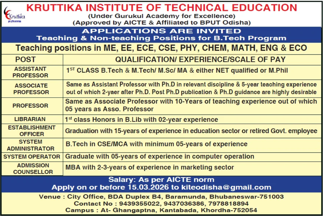 Kruttika Institute of Technical Education Recruitment